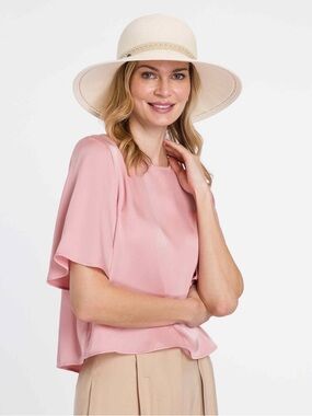 NWT V Fraas Women Cream Braided Trim Wide Brim Adjustable Sun Hat Bloomingdale’s